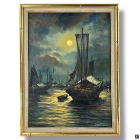 Chinese Harbor Scene Signed H. Cheng