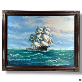 D Perry Vintage Oil/Canvas 3 Masted Sailing Ship