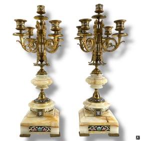 Pair French Champleve Bronze Onyx Candelabra