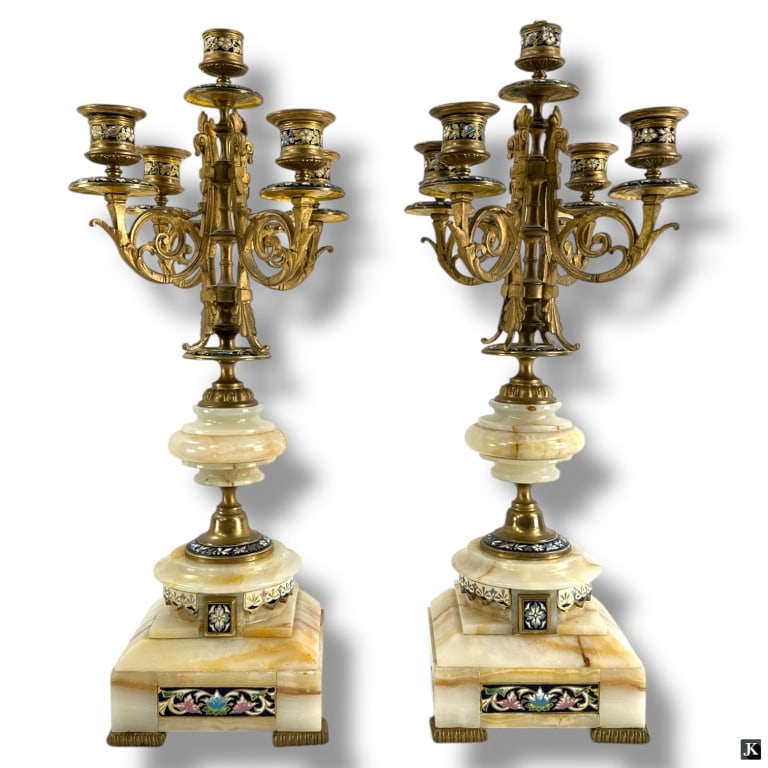 Pair French Champleve Bronze Onyx Candelabra (1 of 4)