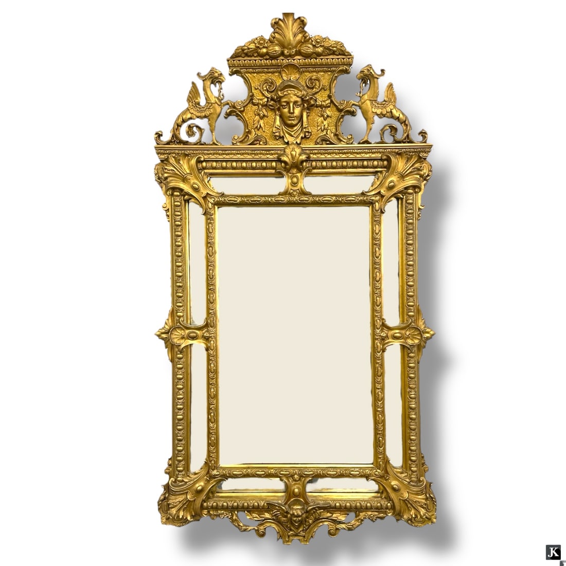 Antique Louis XV Style Gilt Wood Figural Mirror: Antique Louis XV Style Gilt Wood Figural Mirror. Good condition. Measures 60" H x 36" W.