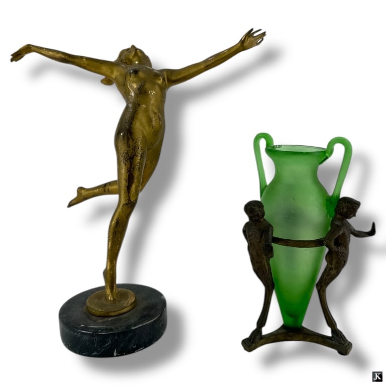Two Antique Figural Table Top Items.: Two Antique Figural Table Top Items. Includes a deco stule, dancing nude on base 11" H, green glass amphora vessel in figural frame 7-1/2" H. Unsigned. Conidition consistent with age, use and storage.