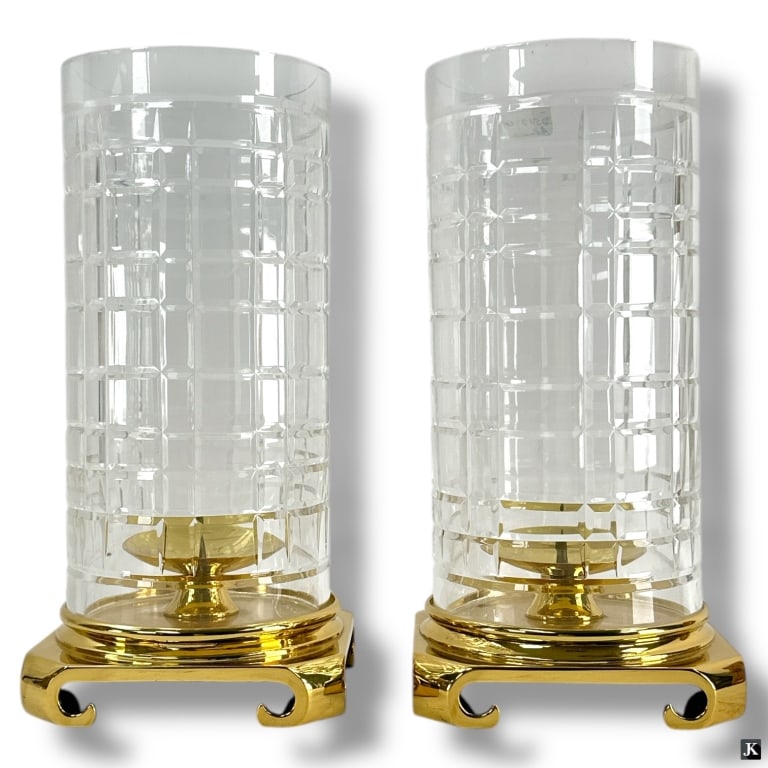 Pair Brass and Glass Candleholders: Pair Brass and Glass Candleholders. Unsigned. Good condition. Measures 12" H x 6" W. JK/B13/SH:14A