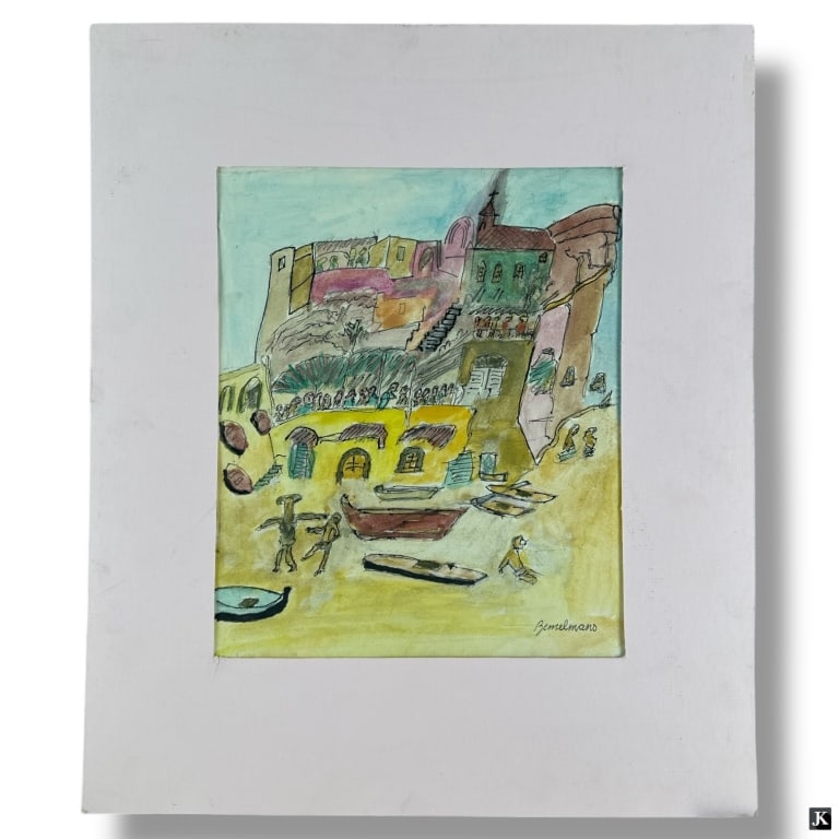 Ludwig Bemelmans Mixed Media "Beachfront Cafe": Ludwig Bemelmans, Astro-Hungarian (1898-1962) Mixed Media of pencil, watercolor and ink on paper "Beachfront Cafe". Signed lower right. Set in mate frame. Light toning consistent with age. Measures 12