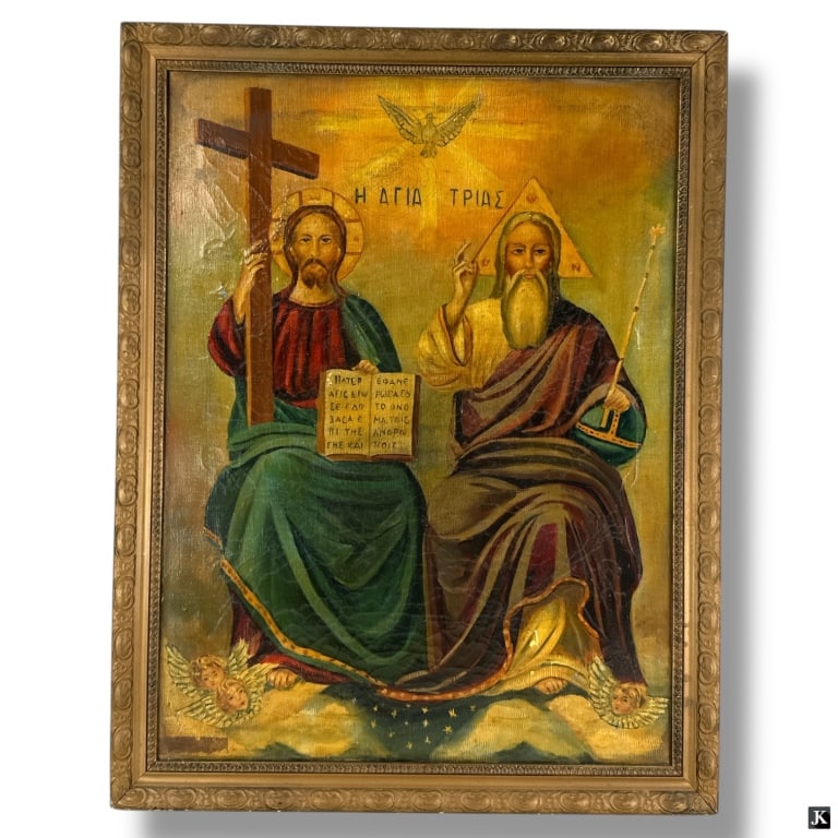 Vintage Russian School Oil/Canvas "Trinity": Well done Vintage Russian School Oil on Canvas "Trinity". Inscribed on stretcher "Painted by Marguerite Preddy" Craquelure, wear consistent with age. Measures 24" x 18", frame measures 27" x 20-3/4". 