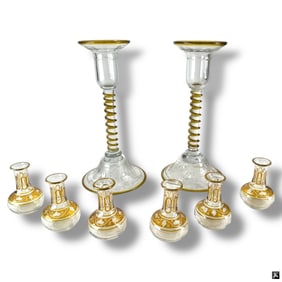2 Pairpoint Candlesticks, 6 Mini Bohemian Carafes