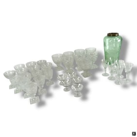 34 Pc Etched Glass Ware incl Hawkes Vase