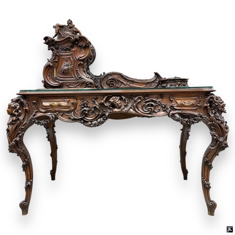 Fine Important Italian Wooden Writer's Desk (Christie's New York): A very fine Christie's New York Italian antique Art Nouveau carved wooden desk. Top with two carved compartments. Legs ornately carved depicting busts of Satyrs and females amongst grape clusters and