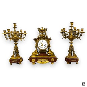 19th C French Dore Bronze & Rouge Marble Garniture