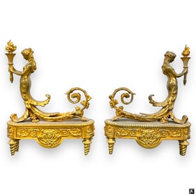 Pair Antique French Gilt Bronze Figural Andirons