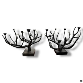 Pair Patinated Metal "Branches" Candelabra