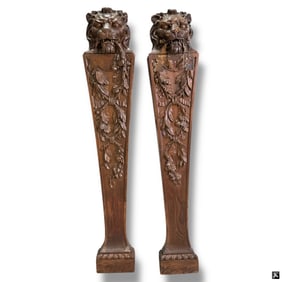 Pair Carved Wood Lion Bracket Pedestals