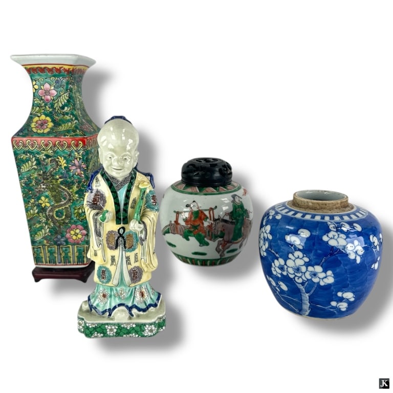 4 Vintage Chinese Porcelain Tablewares: 4 Vintage Chinese Porcelain Tablewares. Group includes dragon vase, 2 jars, 1 Fenton England Bone China figure. Various marks. Blue & white jar with drill hole, wood lid with losses. Tallest measures