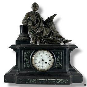 Antique French Marble Slate Bronze Mantel Clock