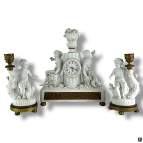 Vintage 3 Piece Figural Bisque Clock Garniture