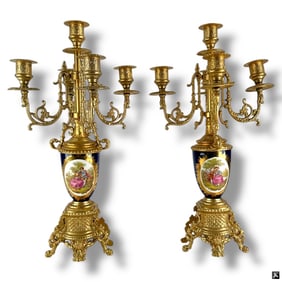 Pair Vintage Gilded Spelter, Porcelain Candelabras