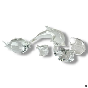 5 Art Glass Fish Figures, Steuben, Daum, Waterford