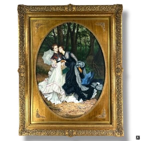 Antique Style Oil/Canvas "Two Girls in the Woods"