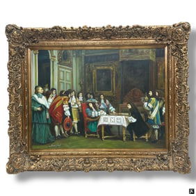 Antique Style Oil/Canvas "Important Meeting"
