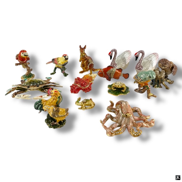 Collection of 14 Enameled Jeweled Trinket Boxes: Collection of 14 Enameled Jeweled Trinket Boxes. Mostly animal motifs. Unsigned. Good condition. Largest measures 3-1/2" H. LA/B13/SH:20A