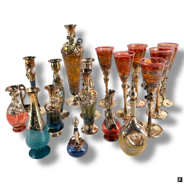 17 Pcs Israeli Blown Glass & Silver Tablewares (1 of 4)