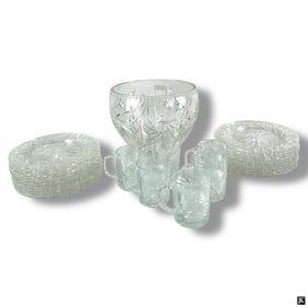 Cut Glass Punch Set & Clear Glass Plates