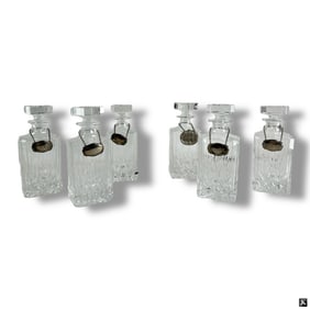 6 Cut Glass Liquor Decanters with Stoppers, Labels