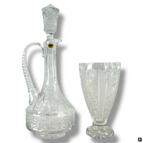 Large Cut Glass Ewer and Footed Vase