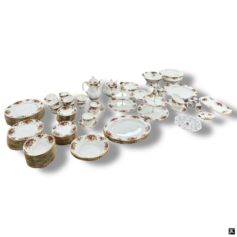 97 Pcs Royal Albert Old Country Rose Dinnerware: 97 Piece Royal Albert Bone China Old Country Rose Dinnerware Set includes: 12 dinner plates10-1/2", 12 luncheon/dessert plates 8-1/8", 12 bread & butter plates 6-3/8", 12 fruit bowls 6-1/4", 12 cups,