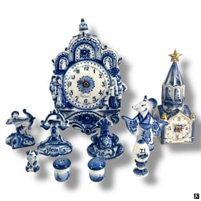 10 Russian Gzhel Blue & White Porcelain Tablewares
