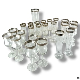 24 Vintage Etched Stemware with Silver Rims