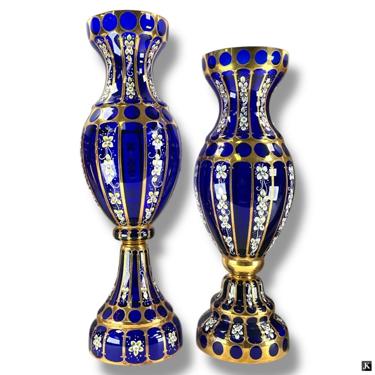Pair Bohemian Gilt & Enamel Cobalt Glass Vases (1 of 4)