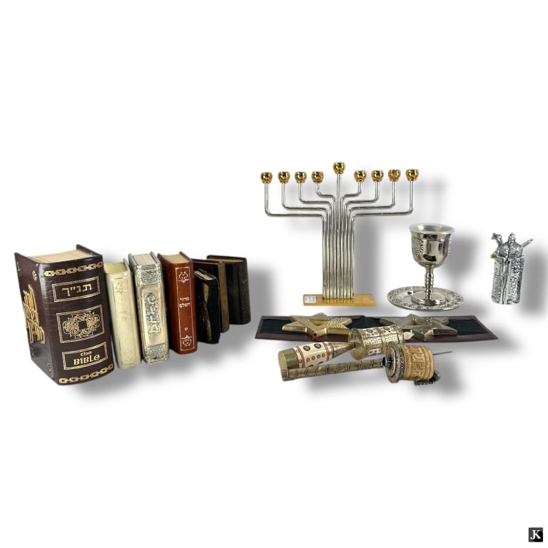 15 Pieces Judaica: 15 Pieces Judaica. Includes bibles, paperweights, kiddush set, menorah etc. "AS IS". Menorah measures 9-1/2" H x 10" L. LA/B13/SH:6A