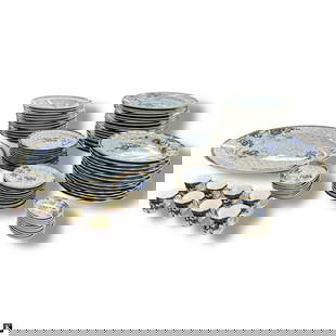 100 Pcs Royal Worcester Vitreous Dinnerware Set: 100 Pieces Royal Worcester Vitreous Dinnerware Set. Blue & white floral motif with gold highlights. Set includes: 18 plates 10-1/2" (1 with hairline), 12 plates 9-1/8", 12 soup plates 10-1/4" (1 with