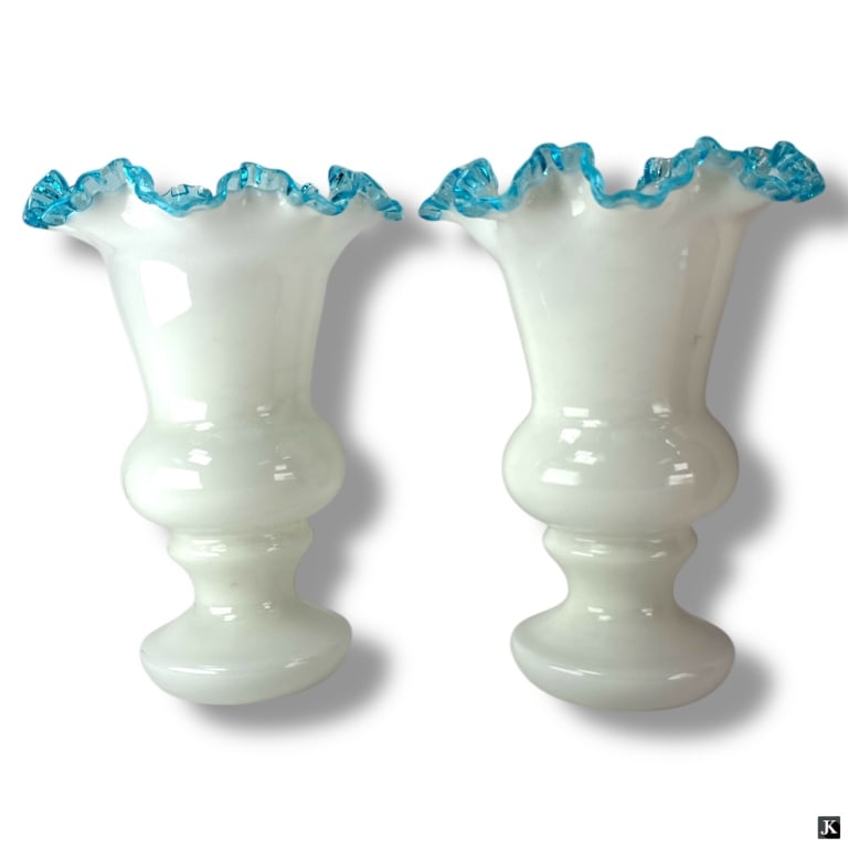 Large Pair Fenton Aqua Crest Vases (1 of 2)