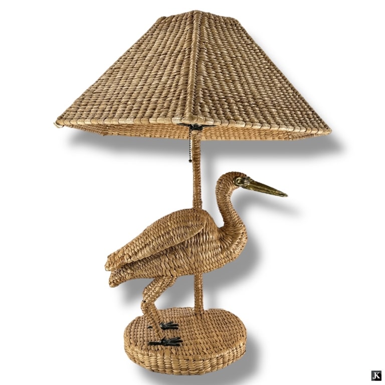 Rattan Bird Figural Lamp with Shade: Rattan Bird Figural Lamp with Shade. Unsigned. Good condition. Measures 25" H x 21-1/2" W. LA/B13/SH:9A