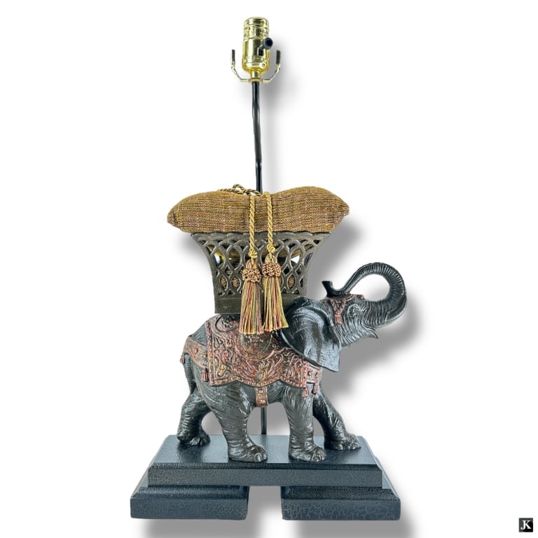Frederick Cooper Elephant Lamp: Frederick Cooper Elephant Lamp. Original label on socket. Good condition. No shade. Measures 23" H x 12" L x 5-1/4" D. LA/B13/SH:13A