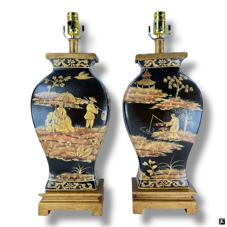 Pr Frederick Cooper Japanese Style Table Lamps: Pair Frederick Cooper Japanese Style Ceramic Table Lamps. Original label on socket. Good condition. Measures 21" H x 7-1/2" x 5". LA/B13/SH:13A