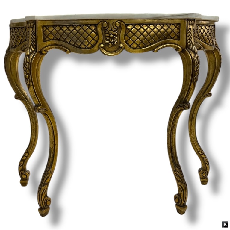 Louis XV Style Marble Top Giltwood Console: Vintage Louis XV Style Marble Top Giltwood Console. Unsigned. Good condition. Measures 32" H x 37-1/2" W x 15" D. LA/B17