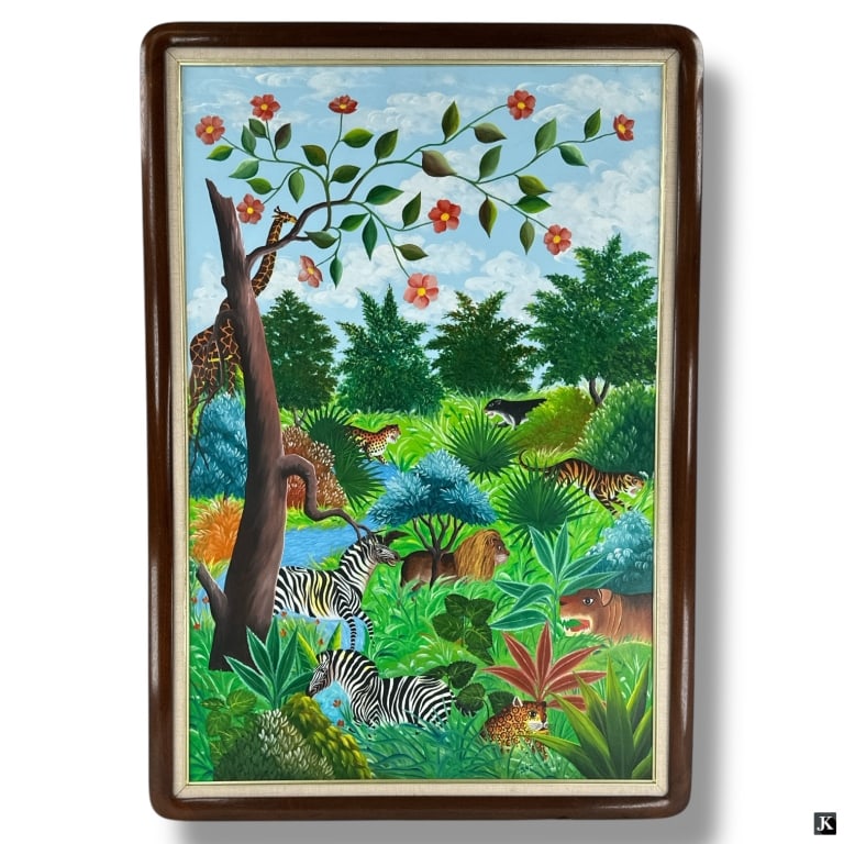 Haitian Oil on Canvas "Jungle Scene": Haitian Oil on Canvas "Jungle Scene". Signed lower right. Good condition. Measures 36" x 24", frame measures 39-1/2" x 27-1/2". LA/B13/RR