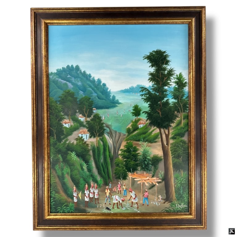 Raymond Dorleans Oil on Canvas "Haitian Landscape": Raymond Dorleans (Haitian, 1947-2000) Oil on Canvas "Haitian Landscape". Signed lower right. Good condition. Measures 39" x 29", frame measures 46" x 36". LA/B13/RR