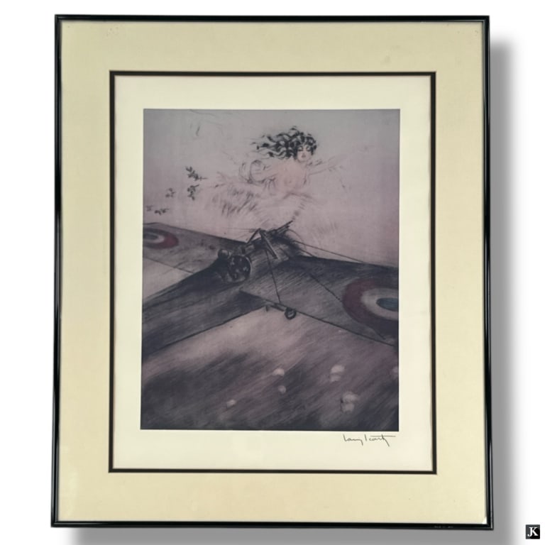After: Louis Icart Color Print "Goddess on Plane": After: Louis Icart, French (1880-1950) Color Print "Goddess on Plane". Signed in ink lower right. Framed, matted and presented under acrylic screen. Good condition. Measures 20-1/2" x 16-1/2" (sight),