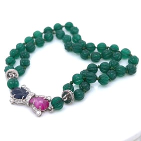 Art Deco Platinum Carved Chrysoprase Ruby & Sapphi