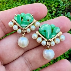 1960’s 14K Yellow Gold Jade & Pearl Earrings