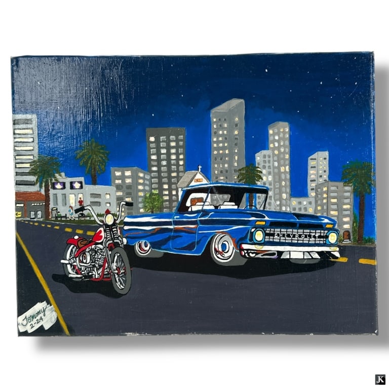 Tommy - Pop-Art Oil on Canvas "65 Chevy P/U": Contemporary Pop-Art Oil on Canvas "65 Chevy P/U". Signed Tommy 2-24. Unframed. Good condition. Measures 11" x 14". LA/B13/SH:11B