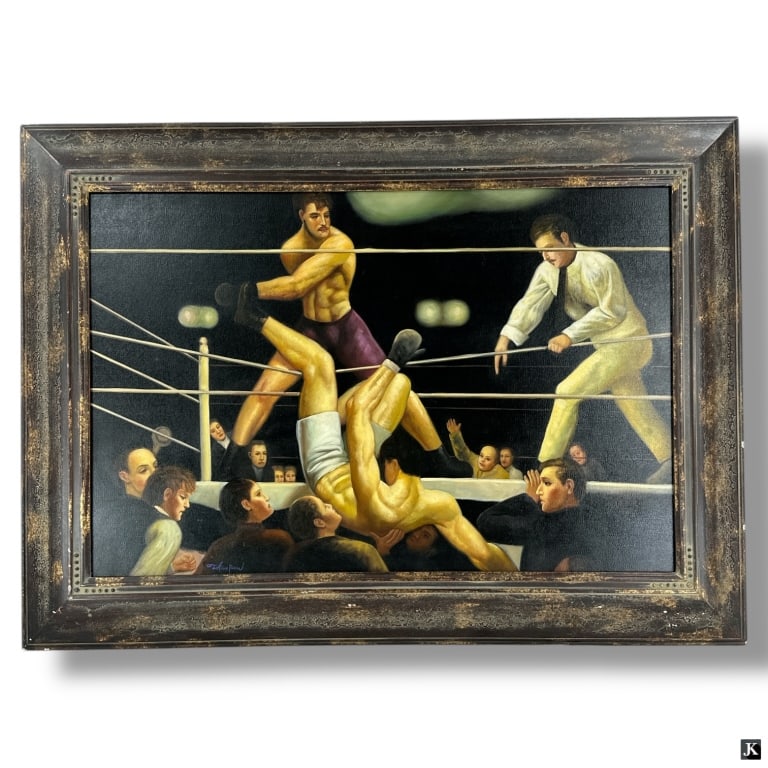 George Bellows Giclee "Dempsey and Firpo,1923": After George Bellows, American (1882-1925) Color Giclee on canvas "Dempsey and Firpo,1923" Framed. Artist signed lower left. Good condition, small losses to frame. Measures 24" x 36", frame measures 3