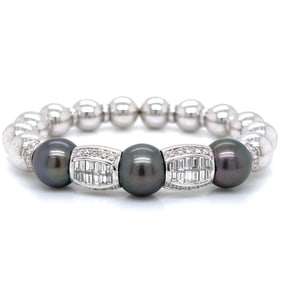 18K White Gold South Sea Pearl & Diamond Bangle