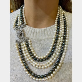 Art Deco Platinum Black & White Cultured Pearl