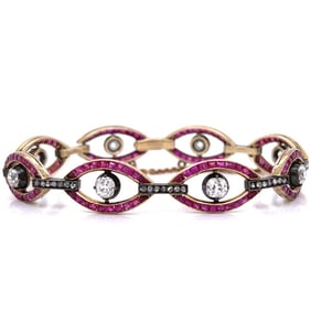 Victorian 18K Yellow Gold Diamond & Ruby Bracelet