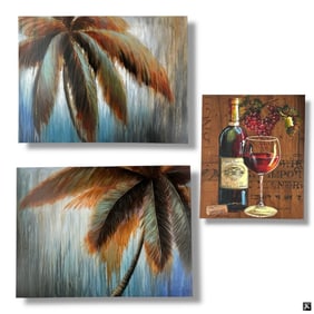 3 Decorative Canvas Prints Palms, Red Wine